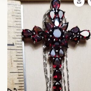 Vintage Sterling Silver Garnet 2 in Cross Pendant and 3/18 In Chains Necklace
